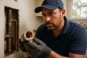 Technician fixing residential plumbing with scale in Tampa home