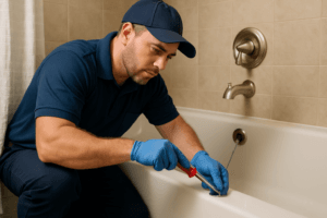 Tampa plumber solving slow bathtub drain problem in a typical Florida home bathroom