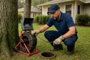 Plumber inspecting sewer line near oak tree in Tampa residential yard