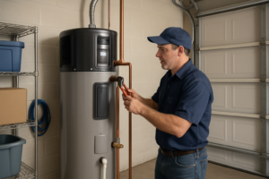 Plumber inspecting residential water heater for Tampa energy-efficient upgrade
