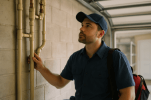 Plumber diagnosing low water pressure in Tampa residential home plumbing