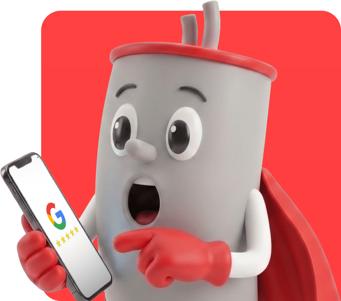 Heaty the Hot Water Heroes mascot checking reviews on his phone
