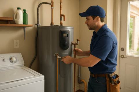 Hybrid heat pump water heater installation by plumber in Tampa residential utility room, Florida home plumbing scene.