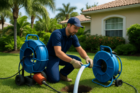 Plumber performing trenchless sewer line repair in a Tampa residential yard, showcasing no-dig technology.
