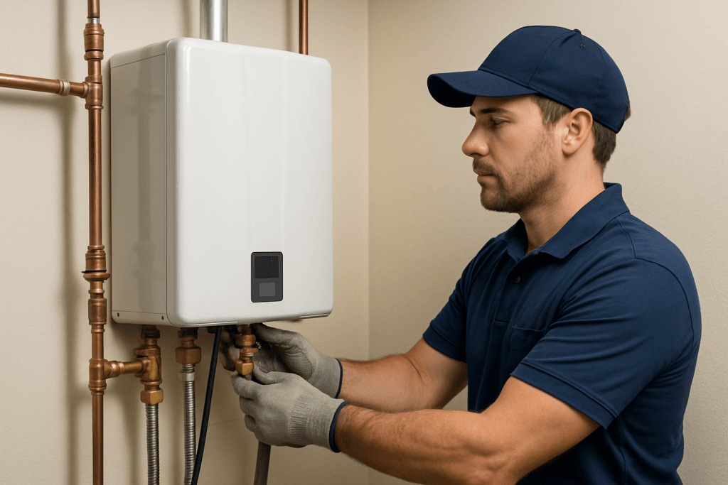 Plumber installing tankless water heater in Tampa home, showing water heater and copper pipes in Florida setting.