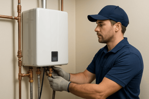 Plumber installing tankless water heater in Tampa home, showing water heater and copper pipes in Florida setting.
