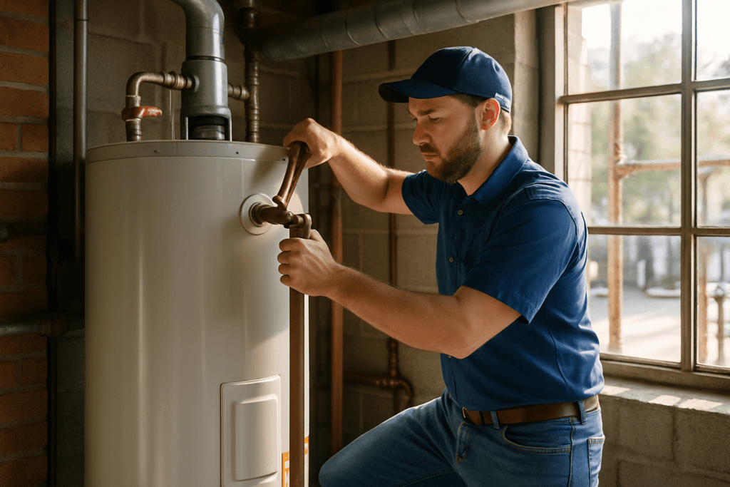 Plumber services commercial water heater in Tampa restaurant utility room, inspecting pipes and controls, showing Florida business equipment.