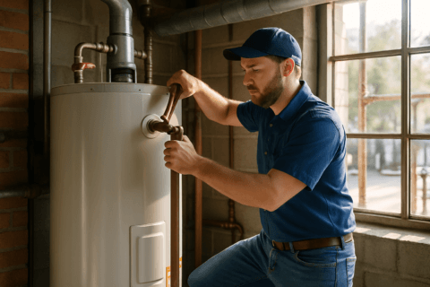 Plumber services commercial water heater in Tampa restaurant utility room, inspecting pipes and controls, showing Florida business equipment.