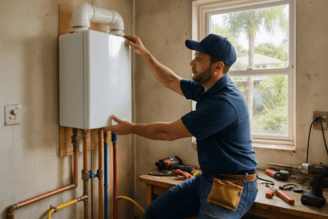 Residential plumber performing tankless water heater installation in Tampa home with modern plumbing tools
