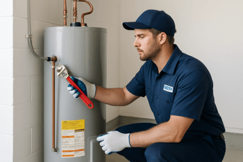 Professional plumber performing water heater maintenance in a Tampa, Florida home utility space