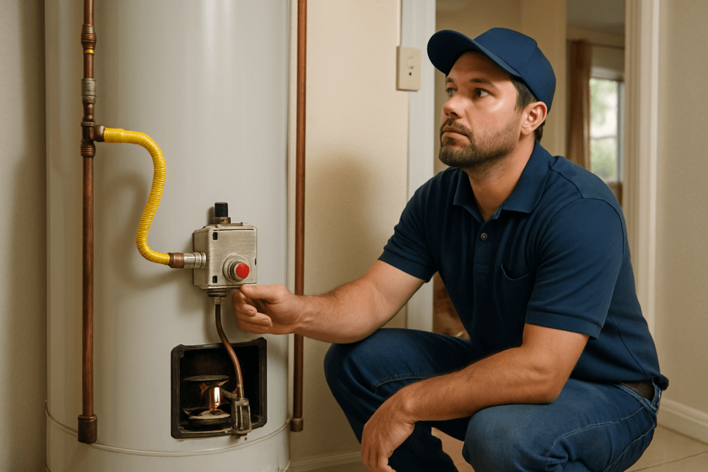 Tampa plumber inspects water heater pilot light repair in residential Florida utility room