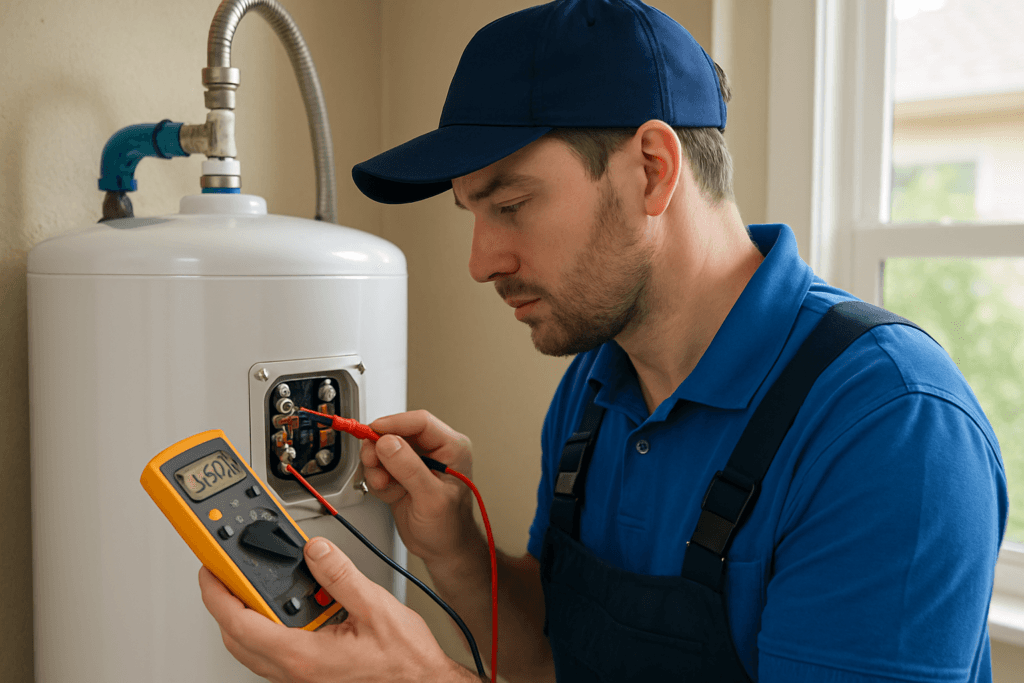 Plumber testing electric water heater element in Tampa Bay area home using voltmeter and safety gear