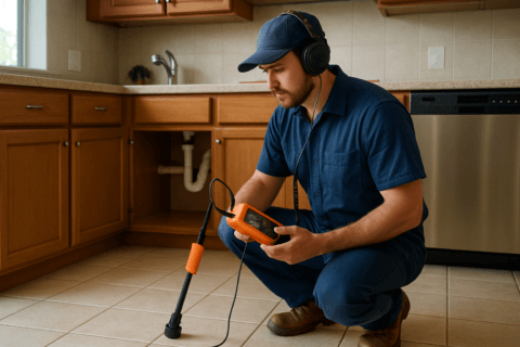 Plumber using leak detection equipment on concrete slab in Tampa home, demonstrating local plumbing service