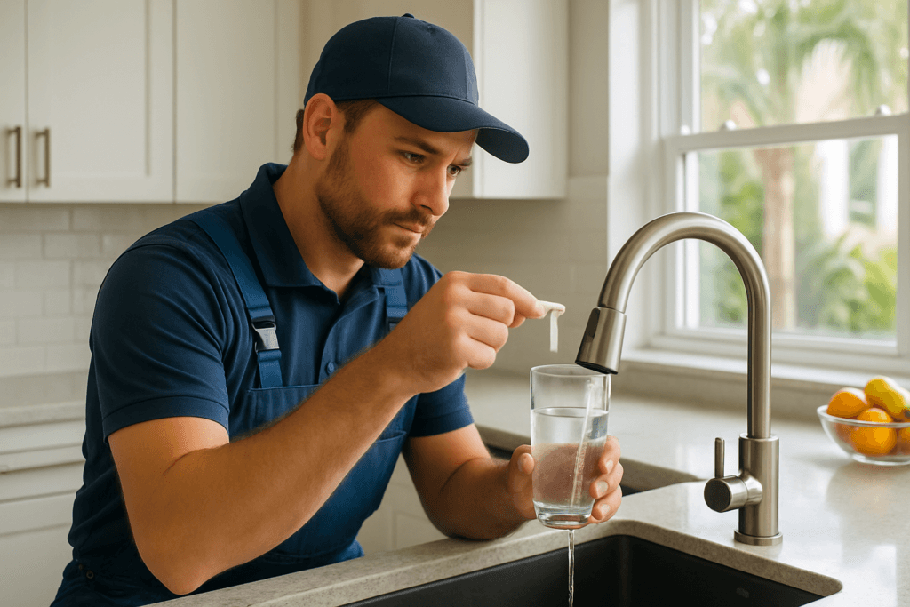 Plumber testing tap water quality in a Tampa Florida home kitchen, showing plumbing tools and faucet clearly
