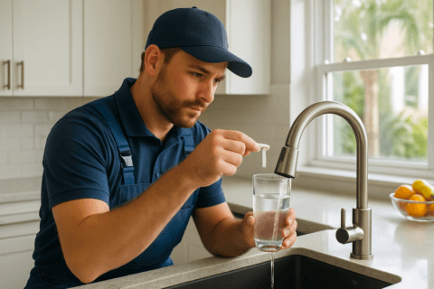 Plumber testing tap water quality in a Tampa Florida home kitchen, showing plumbing tools and faucet clearly