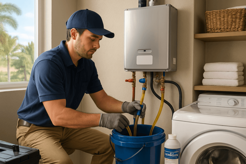 Plumber performing tankless water heater service in a Riverview, Florida home with specialized flushing kit
