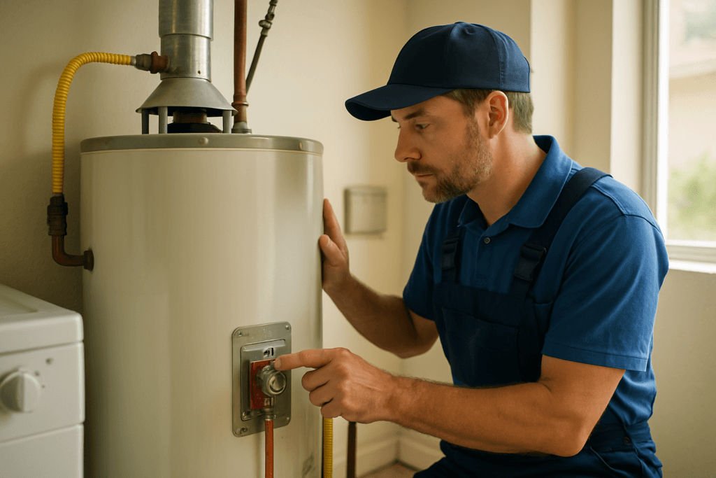 Plumber adjusting water heater thermostat for safety in a Tampa, Florida home utility room