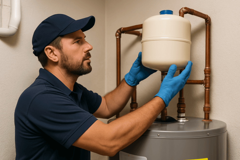 Licensed plumber installing a water heater expansion tank in a Tampa, Florida home plumbing system