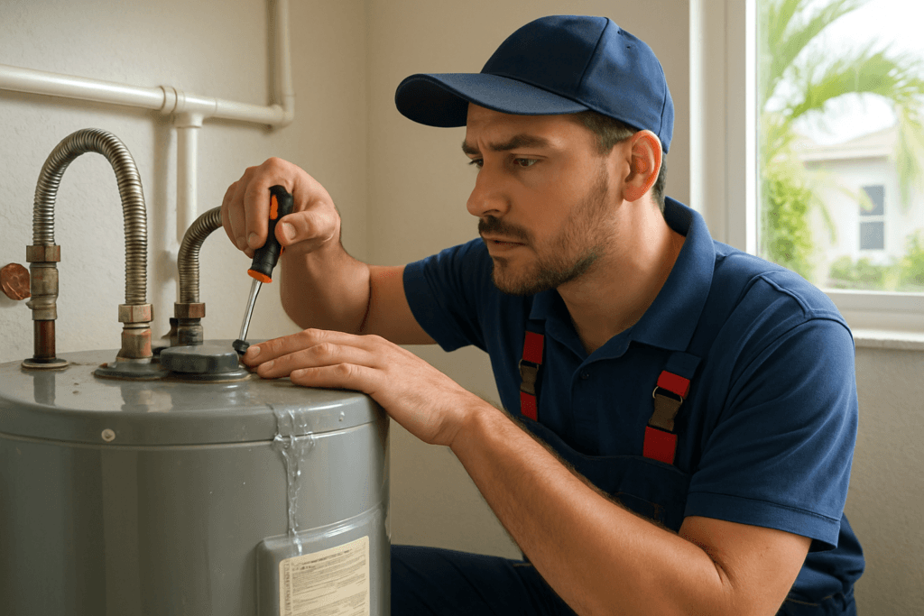Plumber inspecting top of a leaking water heater in a Florida home, with Tampa tools and equipment visible.