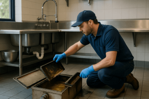 Professional plumber performing commercial grease trap cleaning at a Tampa restaurant kitchen sink setup