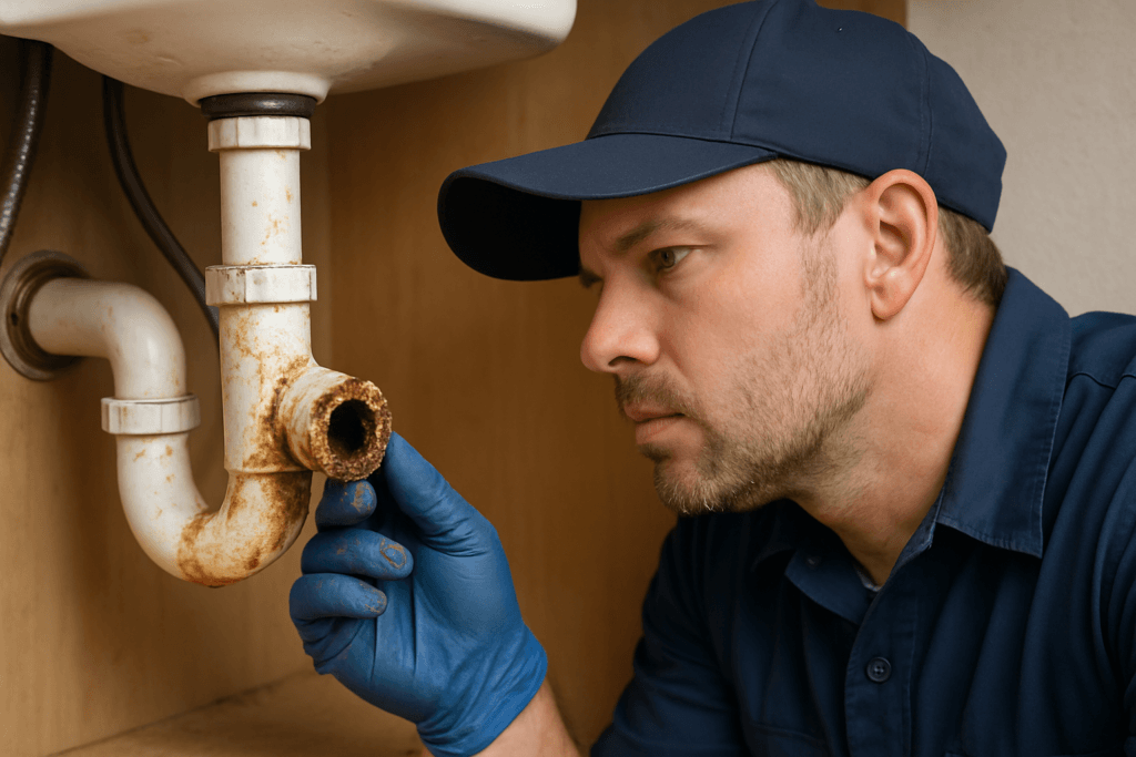 Close up of a plumber inspecting residential PVC pipe damage from drain cleaner use in a Tampa, Florida home.