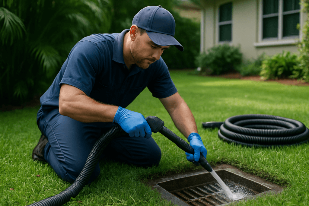 Plumber performing outdoor French drain cleaning in a Tampa yard with Florida landscaping visible