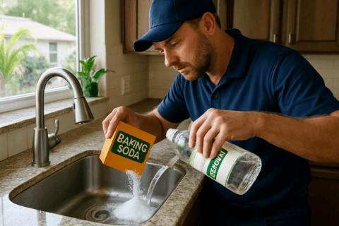 Professional plumber using natural drain cleaners in a Tampa, Florida kitchen sink setting
