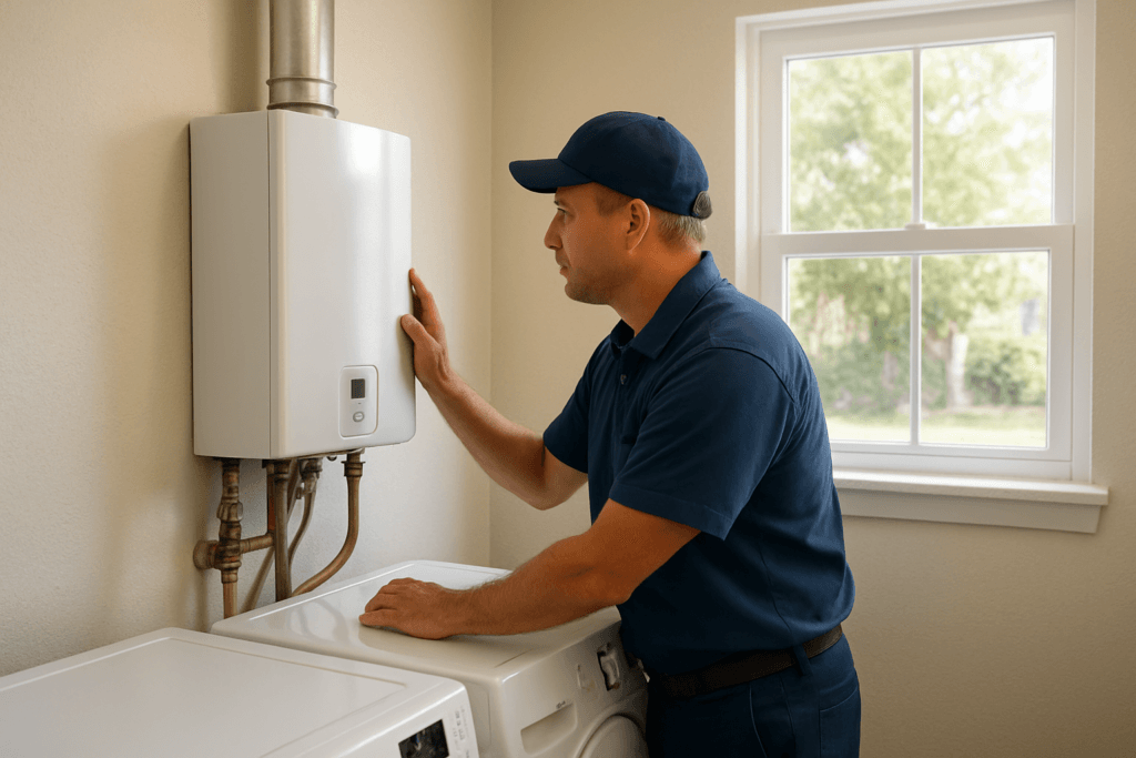 Florida plumber inspects a tankless water heater for iron sediment issues in Tampa home