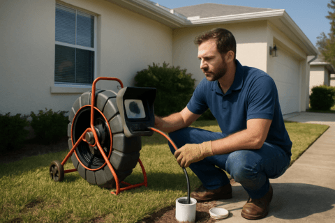 Plumber in Tampa using a sewer scope camera for a detailed sewer line inspection under a Florida home.