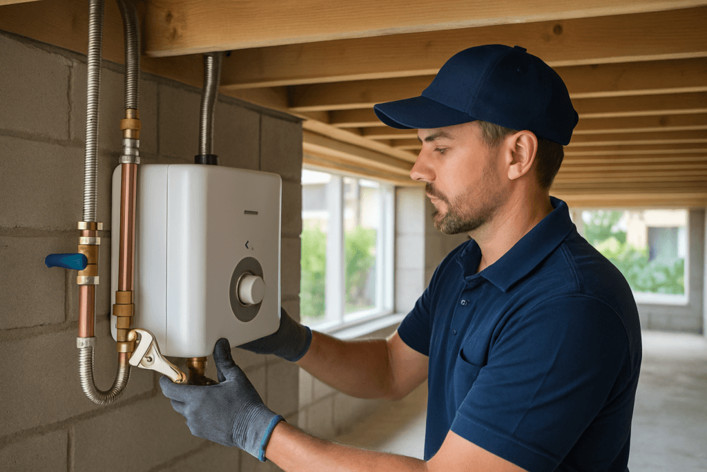 Compact water heater installation in a Tampa townhome utility closet with local plumbing technician