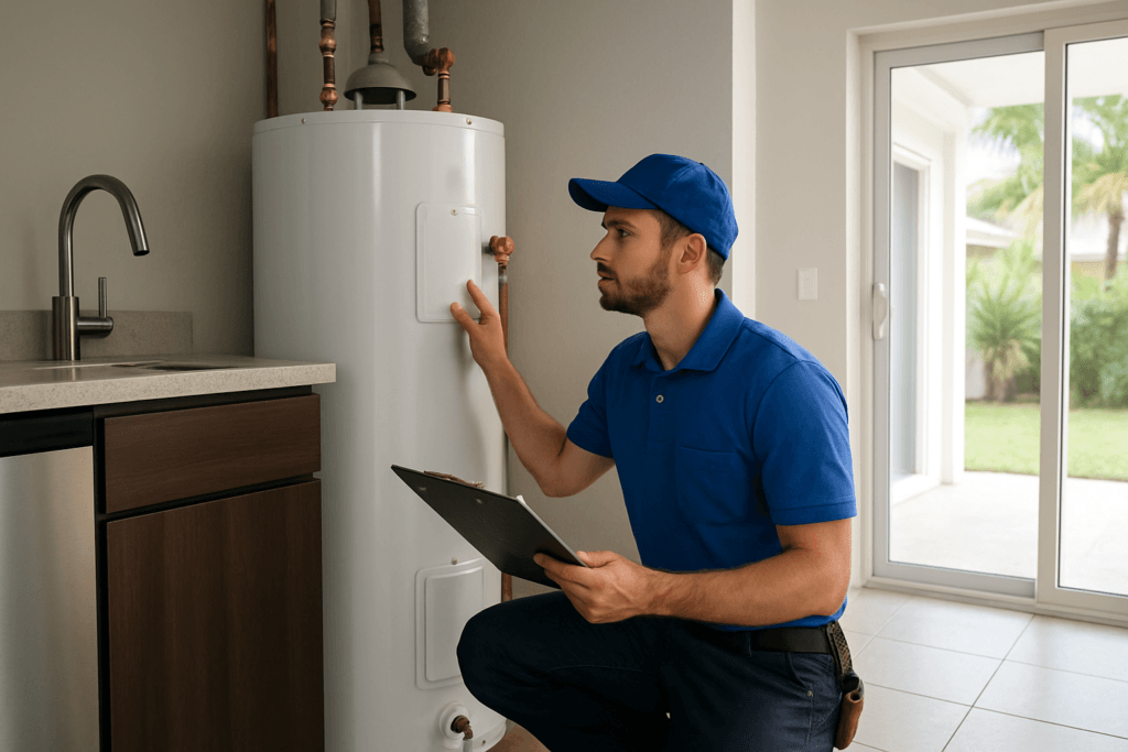Tampa plumber inspecting hot water heater for rotten egg smell in a Florida home bathroom