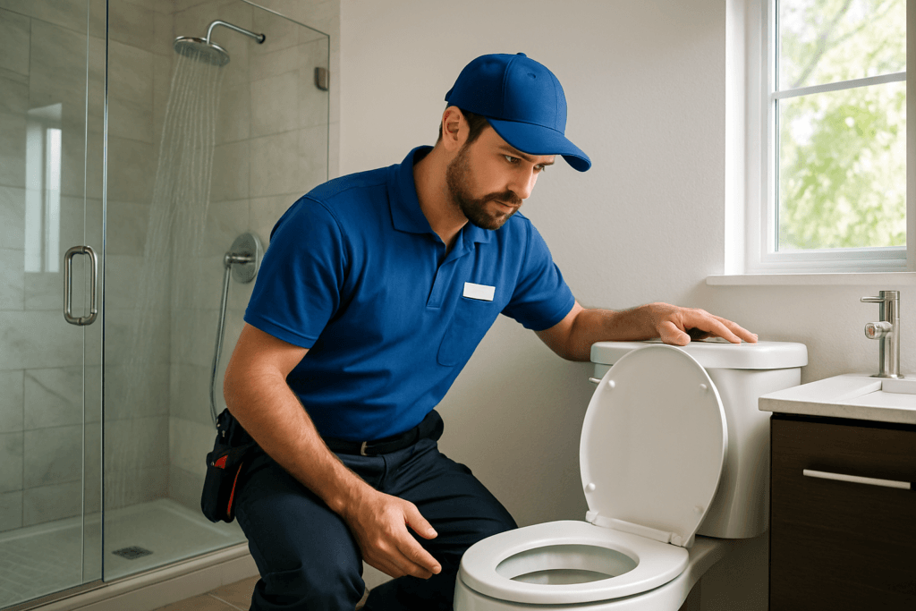 Florida plumber diagnosing gurgling toilet and shower issue in Tampa-area bathroom with professional tools and uniform