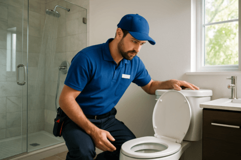 Florida plumber diagnosing gurgling toilet and shower issue in Tampa-area bathroom with professional tools and uniform