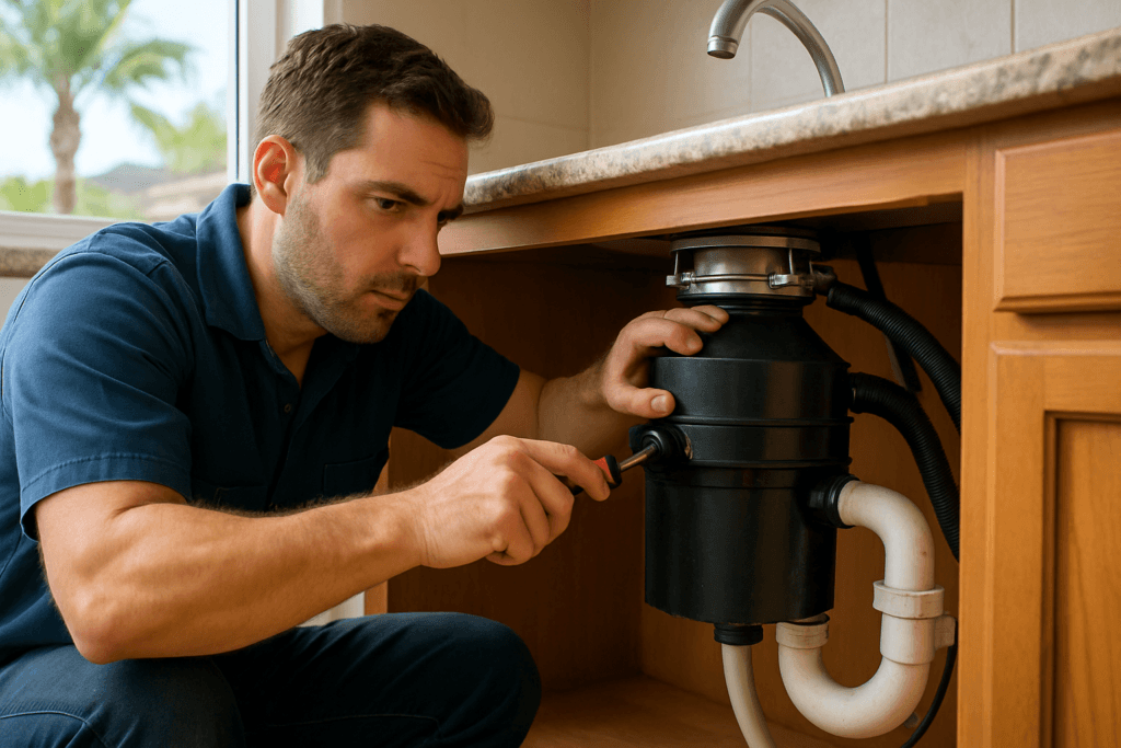 Plumber fixing jammed garbage disposal under Tampa kitchen sink with modern Florida home pipes