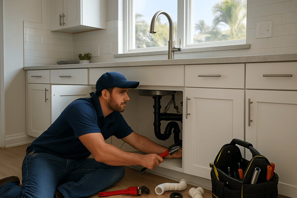 Plumber demonstrating how to clean a kitchen sink P-trap in a Tampa home, showing clear pipes and modern tools.