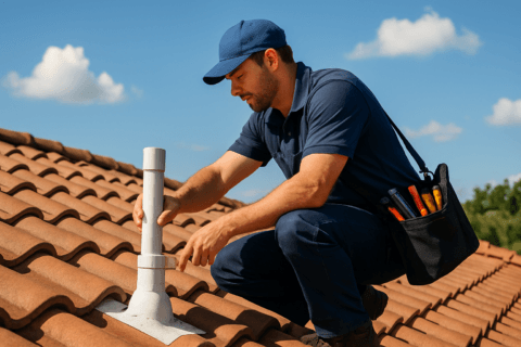 Tampa plumber inspecting roof vent pipe for clogs in a Florida home using professional tools