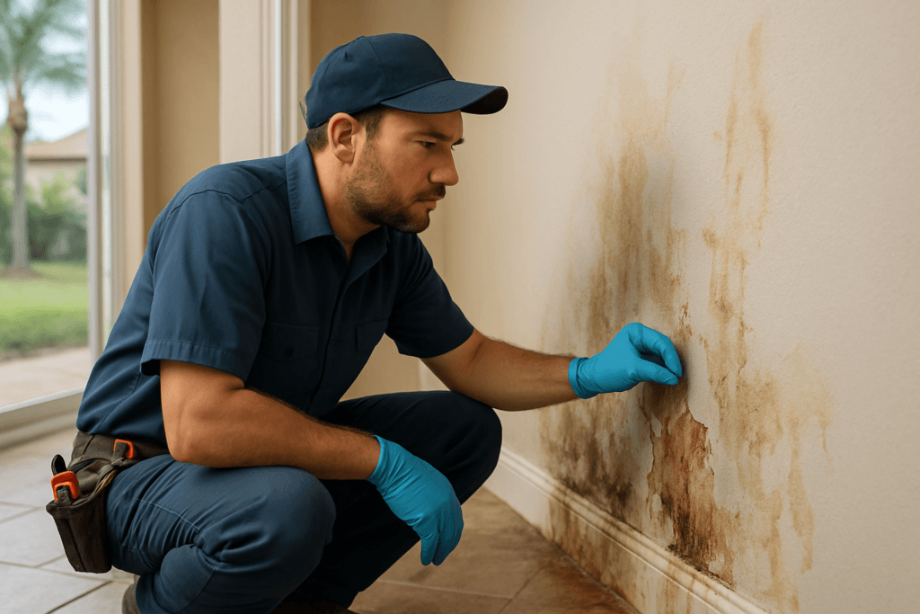 Hot Water Heroes plumber inspecting drywall water damage in a Tampa home, focusing on leak detection in Florida’s humid climate.