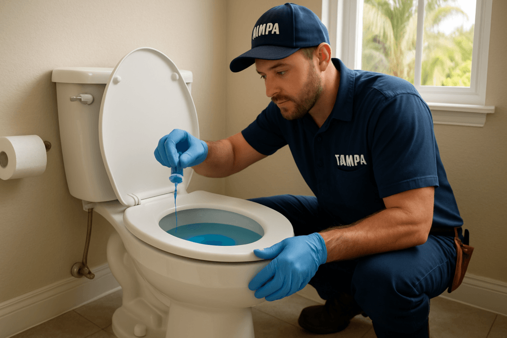 Tampa plumber showing homeowner a toilet tank leak test using food coloring in a bathroom