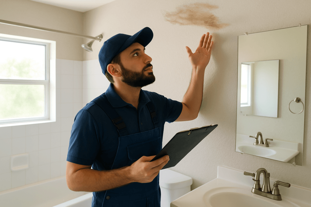 A Tampa plumbing expert checks a water-stained ceiling in a Florida home for leaks near a bathroom.