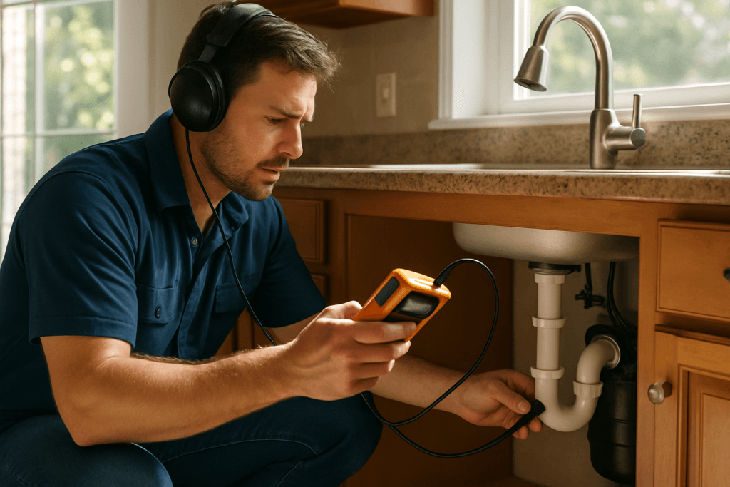 Plumber using electronic leak detector equipment in a Florida home to find a hidden leak in Tampa Bay.