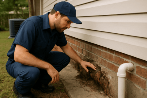 Plumber inspecting slab leak repair under a Florida home foundation in Tampa neighborhood