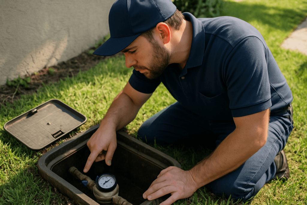 plumber checking residential water meter for leaks in tampa bay florida yard area realistic service photo