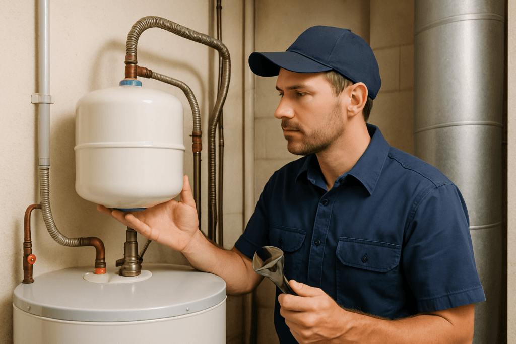 Closeup of a water heater expansion tank installation and inspection in a Tampa Bay home utility closet.