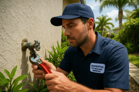 Plumber performing hose bibb repair on outdoor faucet in Tampa residential yard with visible tropical landscaping.