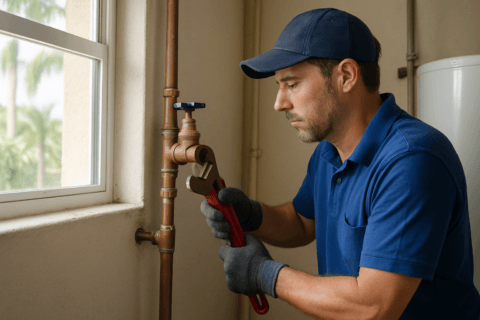 Plumber replacing main water shutoff valve in Temple Terrace home, with Florida plumbing tools and bright lighting.