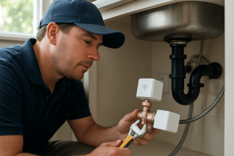 Florida plumber installing a smart water shutoff valve in a Tampa home utility room