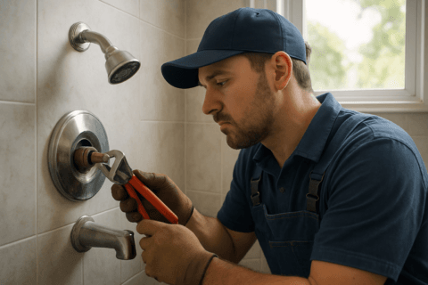 Shower valve faucet leak repair in a Tampa, Florida bathroom with professional residential plumber