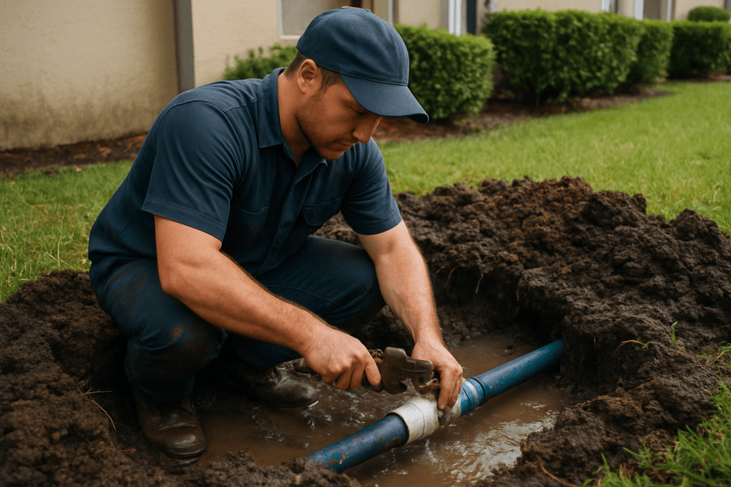 Florida plumber repairing underground water line leak in a Tampa area yard with muddy grass visible