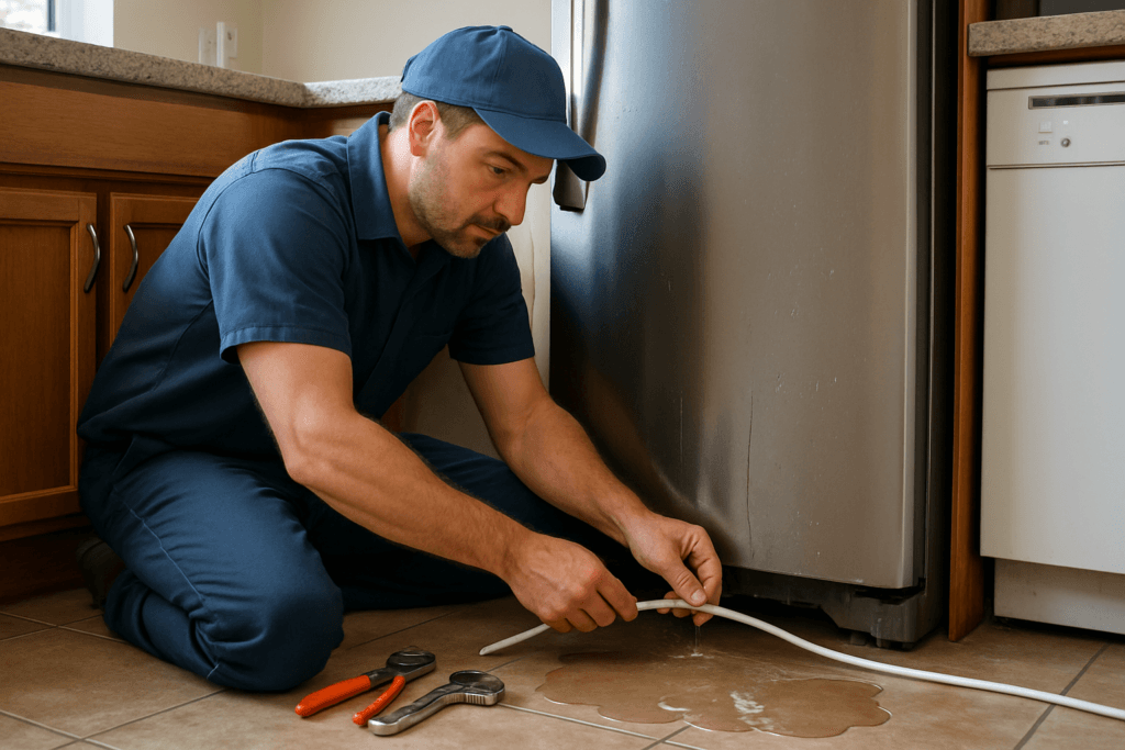 Plumber repairing refrigerator water line leak in Tampa Florida kitchen with water pooling on the tile floor